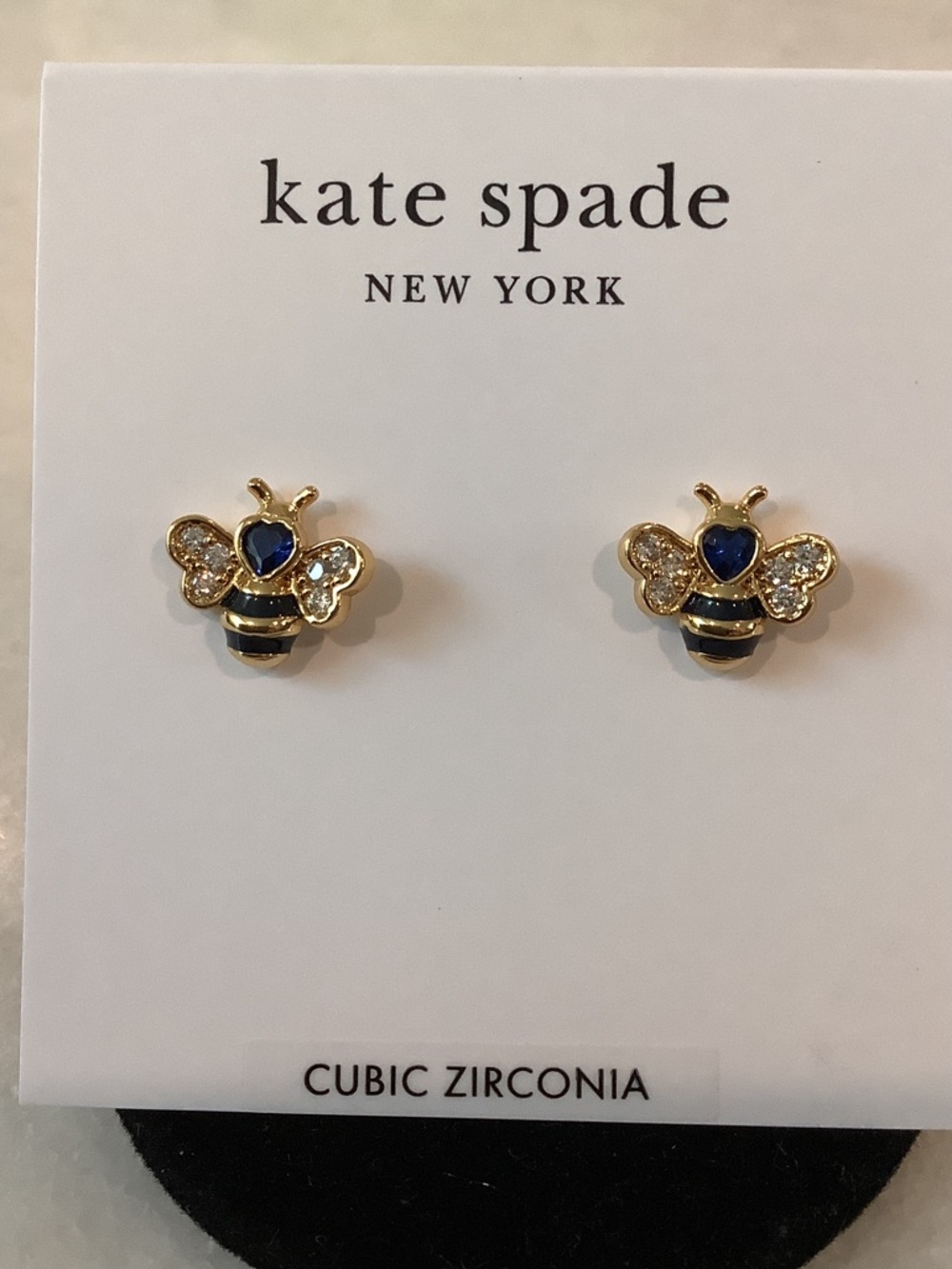 kate spade Gold Bee Stud Earrings with Navy and Clear Accents, Brand New
